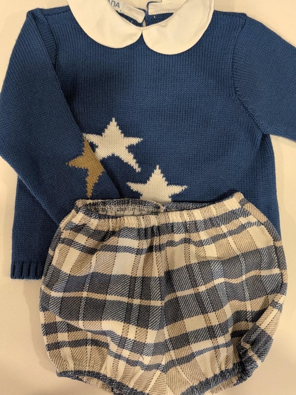 Blue Star Knit Baby Sweater with Plaid Bloomers Juliana 6m